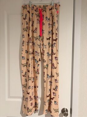 Women’s Beige Dog Print Lounge Pants with Pink Drawstring